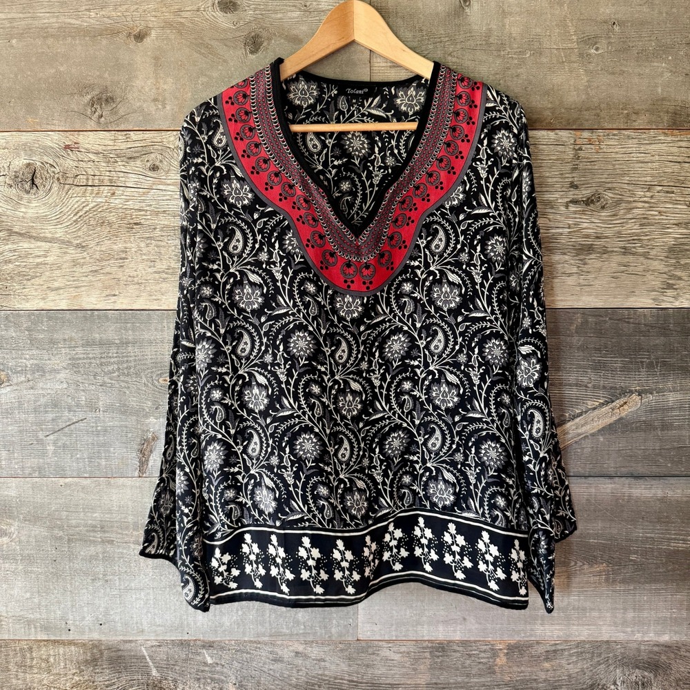 Tolani Womens Silk Floral Long‎ Sleeve Tunic Top M Black Red Floral Boho